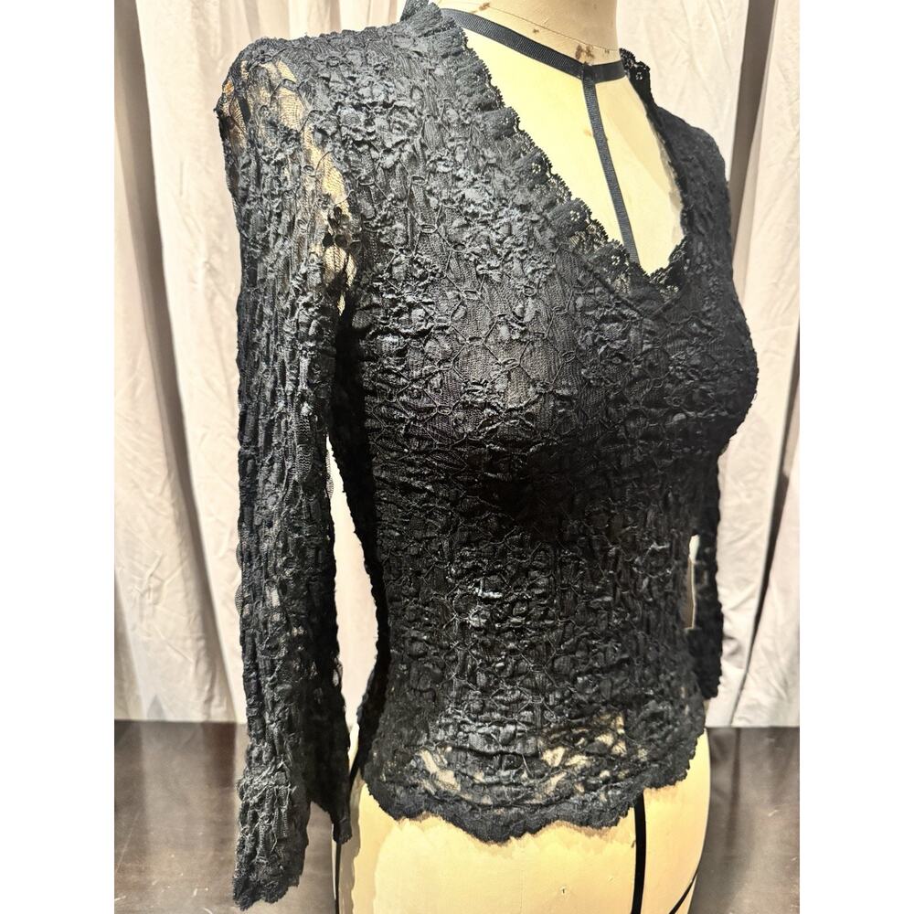 Ann Ferriday Vintage With Tags Black Pucker Lace Top S - Picture 2 of 5